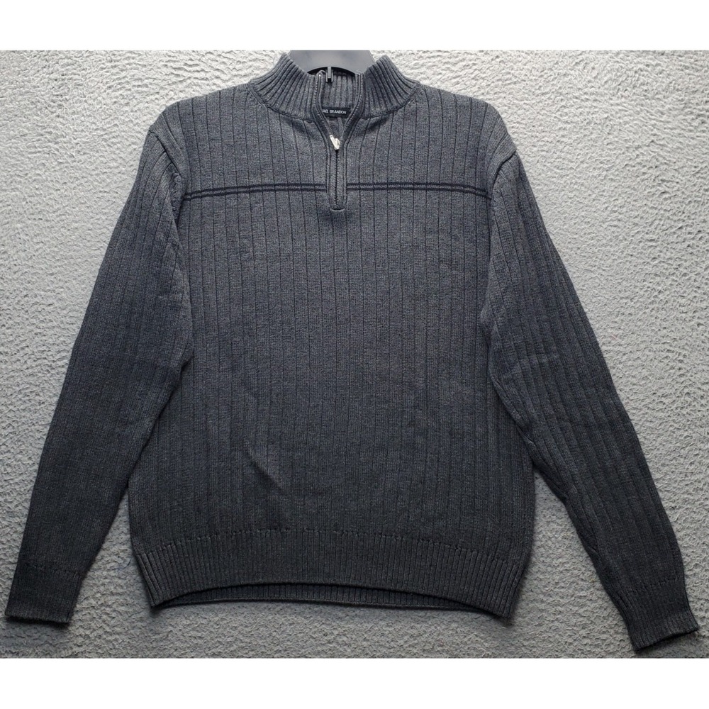 Michael Brandon Sweater Mens XL Gray Chunky Knit Classic Fit Mock Neck 1/4‎ Zip